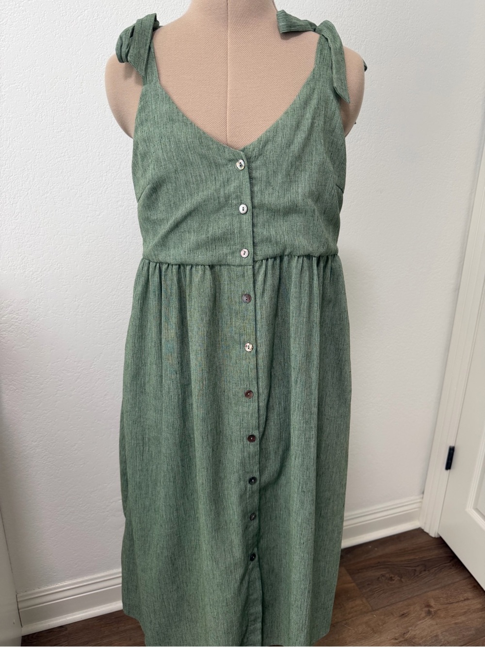 FRNCH Sage Green Tie-Shoulder Button-Front Midi Dress